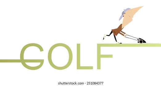 Comic golfer mows a golf lawn and leaves the word Ã¢Â?Â?GolfÃ¢Â?Â� behind