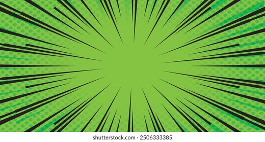 Comic green abstract background with beams radial and halftone effects, empty green comic style zoom lines background, Superhero comic book poster background with halftone print effect.