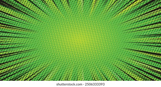 Comic green abstract background with beams radial and halftone effects, empty green comic style zoom lines background, Superhero comic book poster background with halftone print effect.
