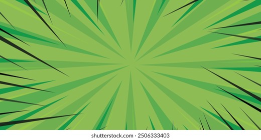 Fondo abstracto verde cómico con vigas radiales y efectos de semitonos, fondo de líneas de zoom de estilo de cómic verde vacío, fondo de póster de cómic de superhéroes con efecto de impresión de semitonos.