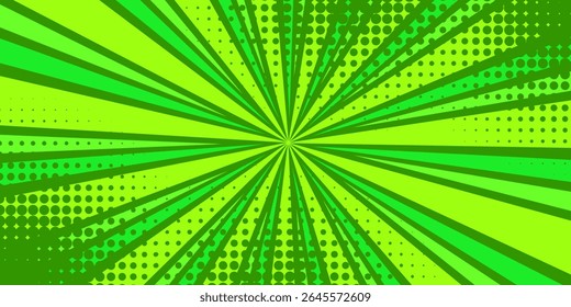 Comic green abstract background with beams radial and halftone effects, empty green comic style zoom lines background, Superhero comic book poster background with halftone print effect.