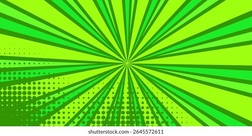 Comic grüner abstrakter Hintergrund mit Balken, Radial- und Halbtoneffekten, leerer grüner Comic-Stil, Zoomlinien-Hintergrund, Superhero-Comic-Poster-Hintergrund mit Halbtondruck-Effekt.