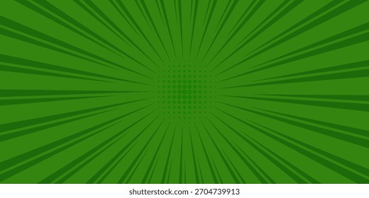 Comic green abstract background with beams radial and halftone effects, empty green comic style zoom lines background, Superhero comic book poster background with halftone print effect.