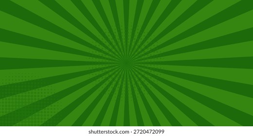 Comic grüner abstrakter Hintergrund mit Balken, Radial- und Halbtoneffekten, leerer grüner Comic-Stil, Zoomlinien-Hintergrund, Superhero-Comic-Poster-Hintergrund mit Halbtondruck-Effekt.