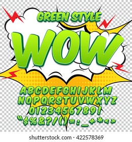 Comic green alphabet set. Letters, numbers and figures for kids' illustrations, websites, comics, banners.