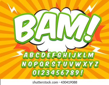 Comic green alphabet set. Letters, numbers and figures for kids' illustrations, websites, comics, banners.