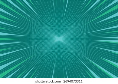Fondo verde cómico con rayos de dibujos animados de arte pop. Vector de luz solar y textura de patrón de semitono. Efecto retro libro sunburst y líneas radiales de explosión. 