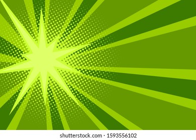 Comic green sunbeam background. Retro pop art style cartoon background. Vintage halftone vector illustration. Layout retro cartoon template. Comic book green superhero burst effect