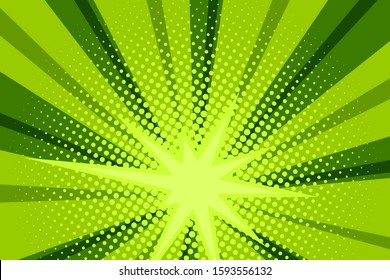 Comic green sunbeam background. Retro pop art style cartoon background. Vintage halftone vector illustration. Layout retro cartoon template. Comic book green superhero burst effect
