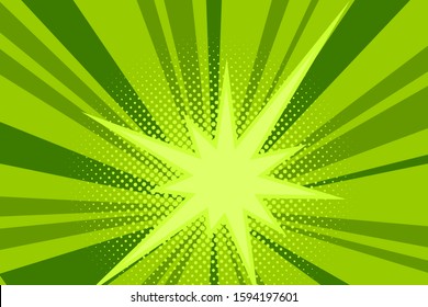 Comic green sunbeam background. Retro pop art style cartoon background. Vintage halftone vector illustration. Layout retro cartoon template. Comic book green superhero burst effect