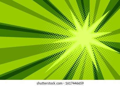 Comic green sunbeam background. Retro pop art style cartoon background. Vintage halftone vector illustration. Layout retro cartoon template. Comic book green superhero burst effect