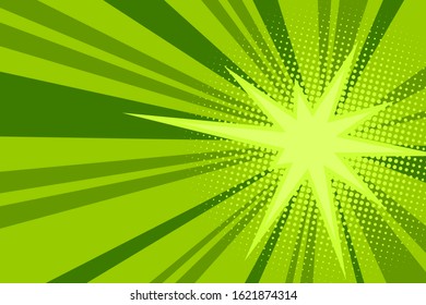 Comic green sunbeam background. Retro pop art style cartoon background. Vintage halftone vector illustration. Layout retro cartoon template. Comic book green superhero burst effect
