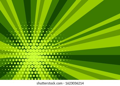 Comic green sunbeam background. Retro pop art style cartoon background. Vintage halftone vector illustration. Layout retro cartoon template. Comic book green superhero burst effect