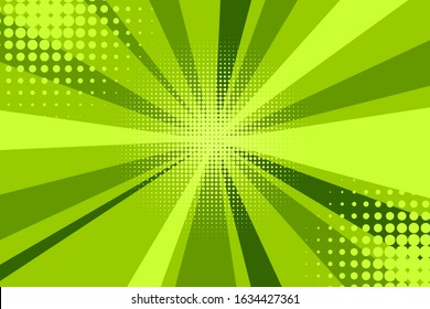 Comic green sunbeam background. Retro pop art style cartoon background. Vintage halftone vector illustration. Layout retro cartoon template. Comic book green superhero burst effect