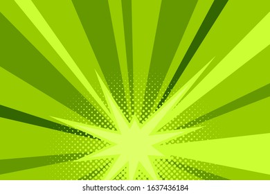 Comic green sunbeam background. Retro pop art style cartoon background. Vintage halftone vector illustration. Layout retro cartoon template. Comic book green superhero burst effect