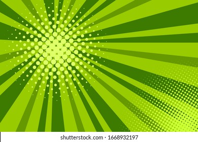 Comic green sunbeam background. Retro pop art style cartoon background. Vintage halftone vector illustration. Layout retro cartoon template. Comic book green superhero burst effect