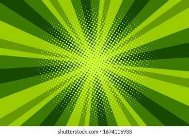 Fondo de luz solar verde cómic. Caricatura de fondo estilo retro pop. Ilustración vintage de medio tono vectorial. Plantilla de dibujo retro de diseño. Efecto de explosión de superhéroe verde de libro de historietas