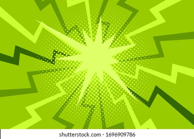 Comic green sunbeam background. Retro pop art style cartoon background. Vintage halftone vector illustration. Layout retro cartoon template. Comic book green superhero burst effect