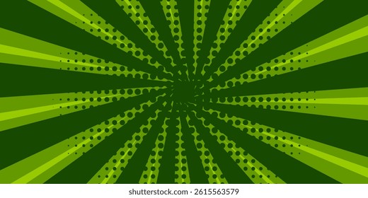 Comic green sunbeam background. Retro pop art style cartoon background. Vintage halftone vector illustration. Layout retro cartoon template. Comic book green superhero burst effect