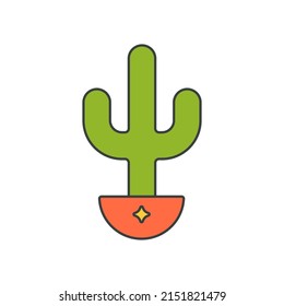 Comic green tropical cactus in pot pop art groovy style t shirt print decorative design vector cartoon illustration. Natural exotic desert potted plant botany garden contoured sticker element