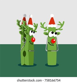  comic green vector clothespin with christmas deer face, red nose, lovely eyes, antlers and hat  from three side. great 3d objects for Christmas greeting card, new year invitation or other prints
