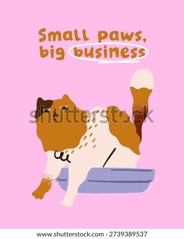 Comic greeting card with funny cat pooping or peeing in litter box. Design of postcard with cute kitty using toilet. Amusing kitten in WC. Adorable animal in silly pose. Flat vector illustration