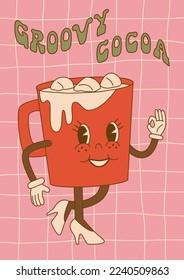 Comic groovy red cocoa mug with marshmallow in trendy cartoon style. For card, poster, print.