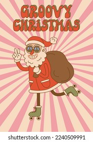 Comic groovy Santa Claus roller skating with bag gifts in trendy cartoon style. For card, poster, print.