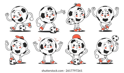 Comic groovy soccer ball funny characters showing various emotion in different pose isolated set
