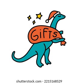 Comic groovy Xmas Santa dinosaur diplodocus with gifts colorful wild animal isolated on white background. Doodle boho Christmas and New Year cartoon doodle character, holiday card, sticker, coloring