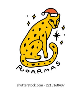 Comic groovy Xmas Santa leopard colorful wild animal isolated on white background. Doodle boho Christmas and New Year cartoon doodle cat character, holiday card, sticker, coloring decor element