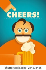 Comic guy with glass of beer. Vector illustration.