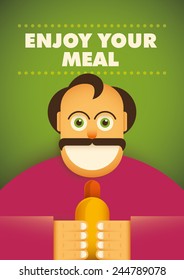 Comic guy with hot dog. Vector illustration.