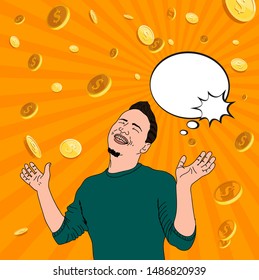 comic guy. pop art retro vector illustration. man in comic style. Success concept. man with a thought. the guy rejoices and money poured on him. comic with money