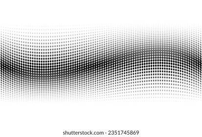 Sintonía de ondas de media tonalidad cómica. Diseño abstracto. Fondo de degradado ondulado de semitono. Patrón punteado del arte pop. Efecto de manchas ópticas. Banner blanco negro. Ilustración vectorial monocromática