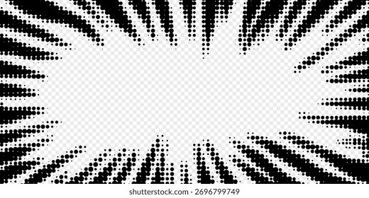 Comic halftone frame with black radial speed effect rays on transparent background. Speed effect, comic anime vector illustration for posters, stickers, covers, and cartoon graphic designs
