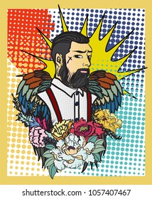 comic halftone and pop art style.Hipster man with wings and flower vector