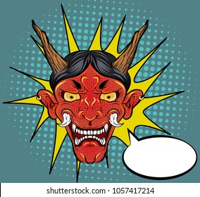 comic halftone and pop art style.Japanese demon mask