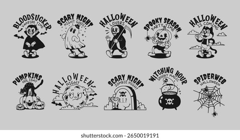 Comic Halloween characters. Retro spooky mascots with lettering. Funny pumpkins and cats, vampire, death, black cat, magic cauldron. Scary Happy Halloween vector set.