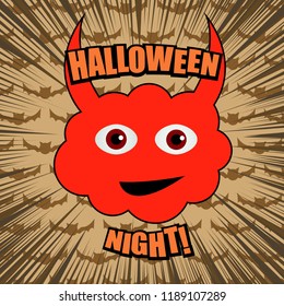 Comic Halloween Night humorous template with red smiling demon face rays and bats silhouettes vector illustration