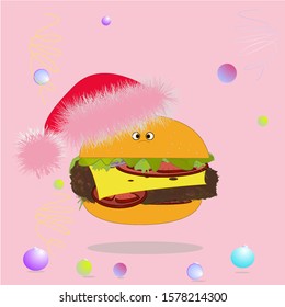 Comic Hamburger in the Santa hat