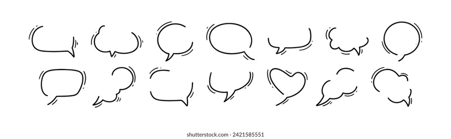 Comic hand drawn loose speech bubble frame set. Cute line decoration for title, notes, dialog, chat, think, headline, talk, comment expression. Callout balloon. Handwriting simple background