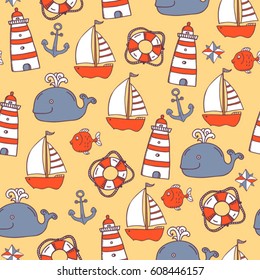 comic hand drawn sea seamless pattern with whales