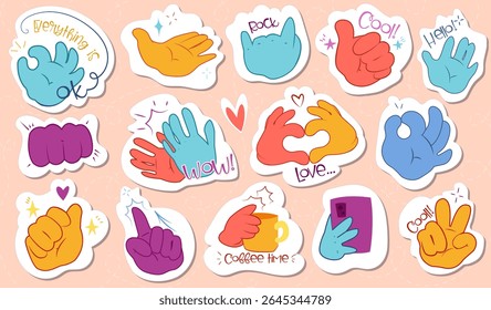 Comic hand gesture stickers. Labels with peace, ok, rock and like gestures. Hands showing heart, holding smartphone and cup of coffee. Flat vector illustration collection isolated on background
