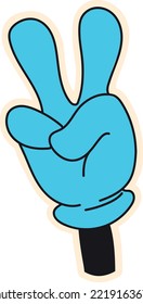 Comic Hand in Handschuh mit zwei Fingern. Friedensgeste einzeln auf weißem Hintergrund