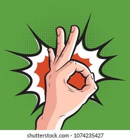 comic hand showing ok gesture. pop art all is well sign on halftone background. vector illustration