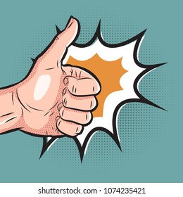 comic hand showing thumb up gesture. pop art like sign on halftone background. vector illustration