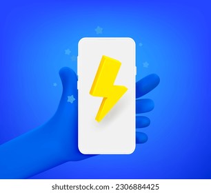 Comic hand with smartphone and bolt icon. 3d vector illustration