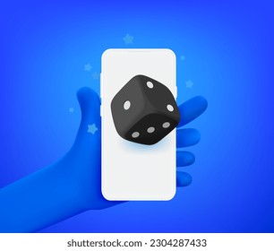 Comic hand with smartphone with dice icon. 3d vector illustration