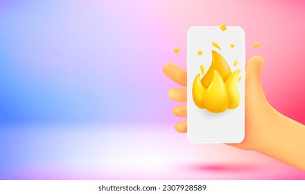 Mano cómica con smartphone e icono de fuego. Banner vectorial 3d con espacio de copia

